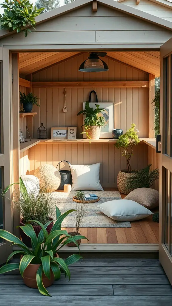 27 Stunning Garden Shed Interiors to Inspire Your Outdoor Space 21 Cozy meditation space inside a garden shed, featuring soft pillows, plants, and calming decor.
