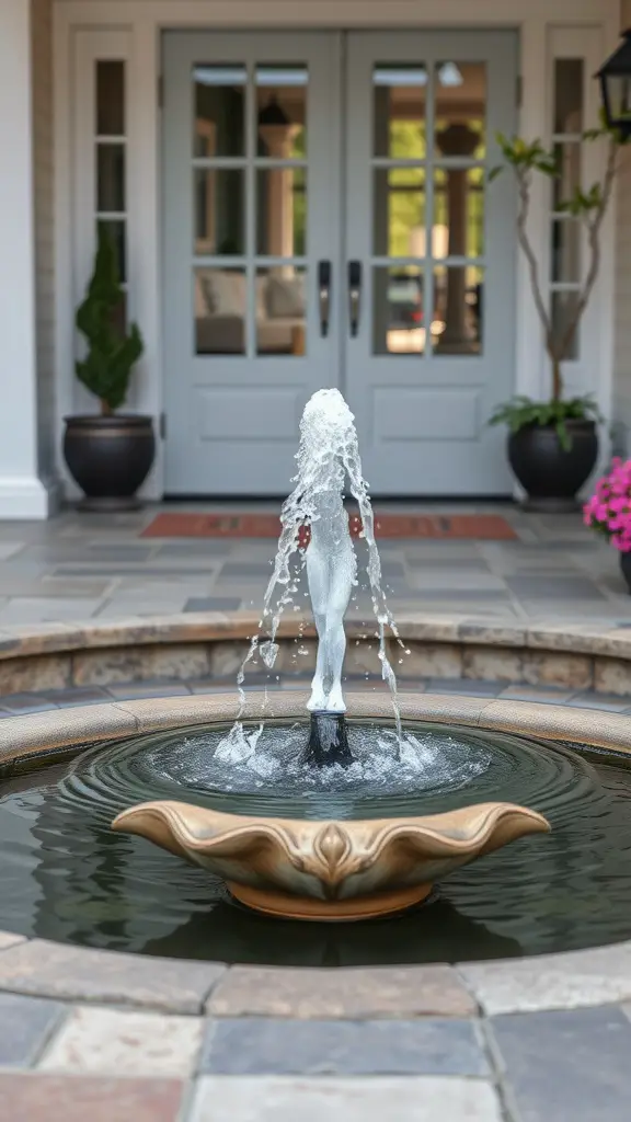 A decorative fountain featuring a playful figure, surrounded by a stone patio and potted plants, enhancing the front patio's inviting atmosphere.