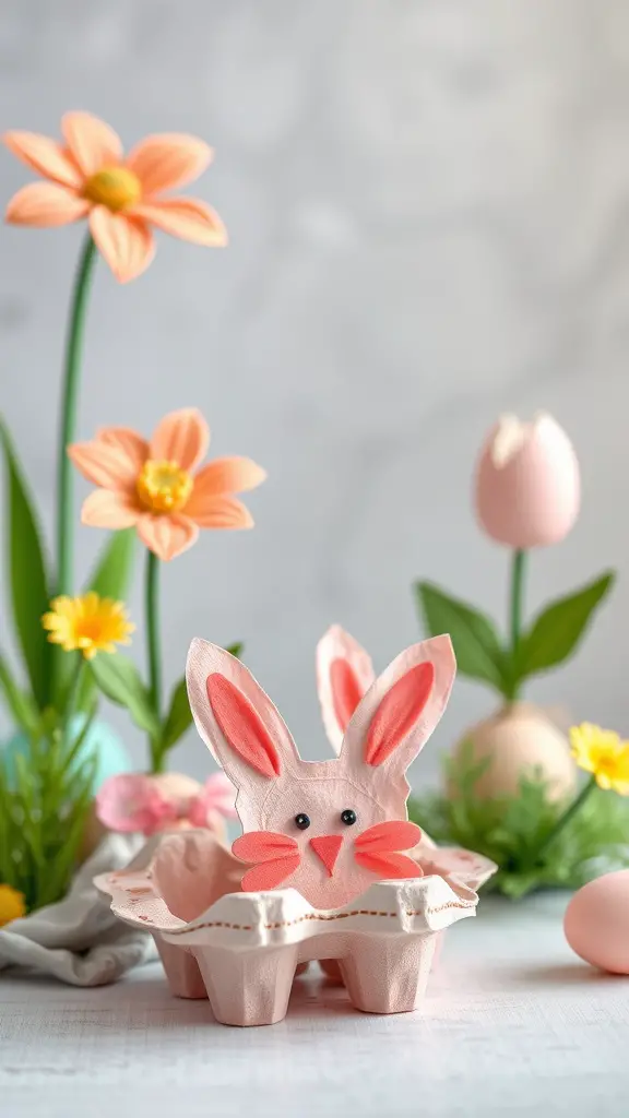 A cute bunny made from a repurposed egg carton, surrounded by colorful flowers and Easter eggs.