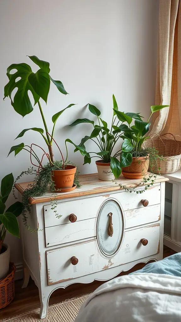 A vintage dresser repurposed as a plant holder with various potted plants on top.