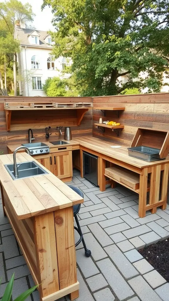 35 Creative Backyard Kitchen Ideas for Outdoor Cooking Enthusiasts 25 Backyard kitchen made from repurposed wood, featuring a spacious countertop, sink, and stove, surrounded by greenery.