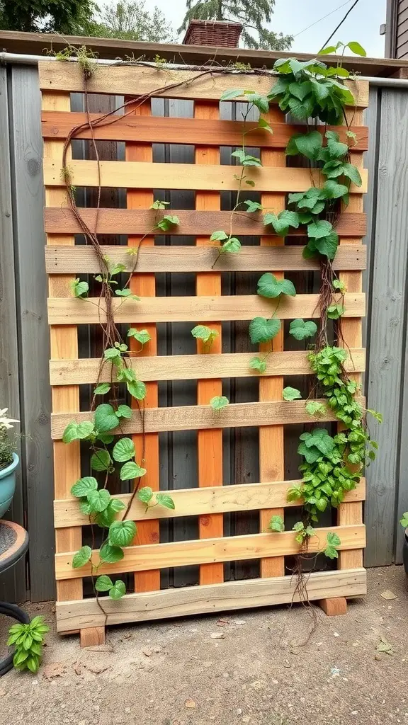 27 Creative DIY Garden Trellis Ideas for Your Outdoor Space 7 A wooden pallet trellis with climbing plants against a grey fence.