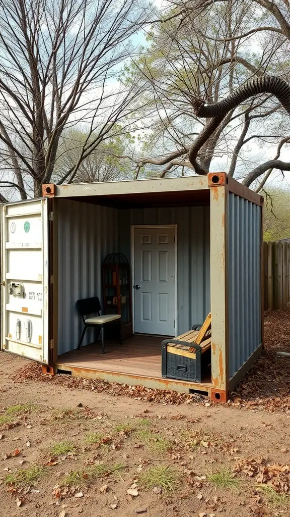 37 Creative Backyard Shed Ideas for Every Style 15 A repurposed shipping container shed with a door and seating inside
