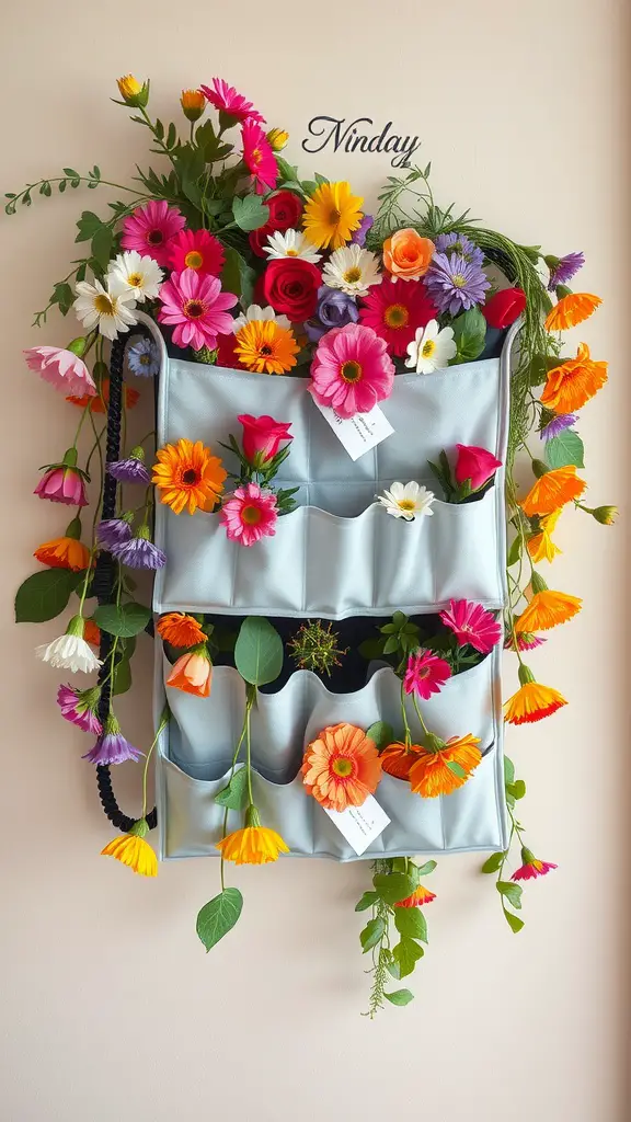 A wall-mounted shoe organizer filled with colorful flowers and greenery.