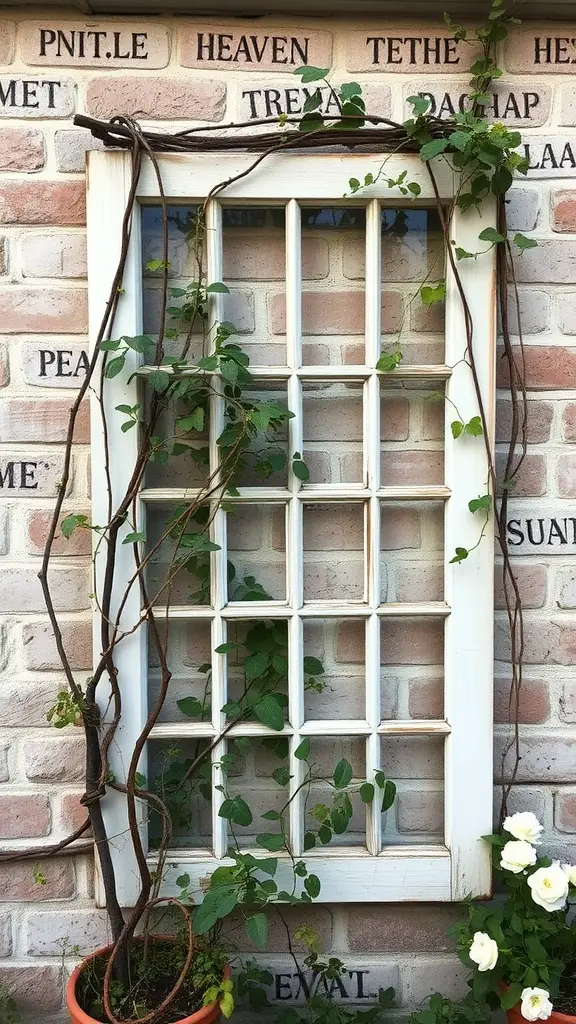 27 Creative DIY Garden Trellis Ideas for Your Outdoor Space 17 A repurposed window frame trellis with climbing plants against a brick wall.