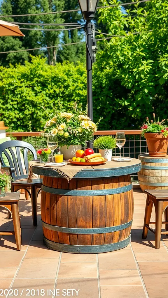 A patio scene featuring a wine barrel table with fruits and flowers, surrounded by chairs.