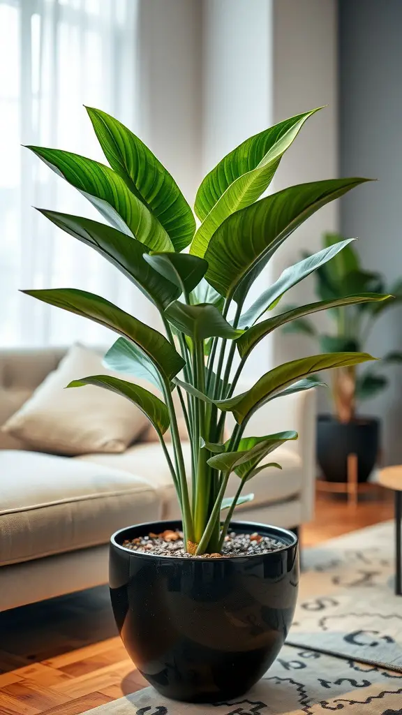 19 Beautiful Indoor Plants to Grow in Your Home 9 A healthy ZZ Plant in a black pot, placed in a bright indoor setting next to a light-colored couch.