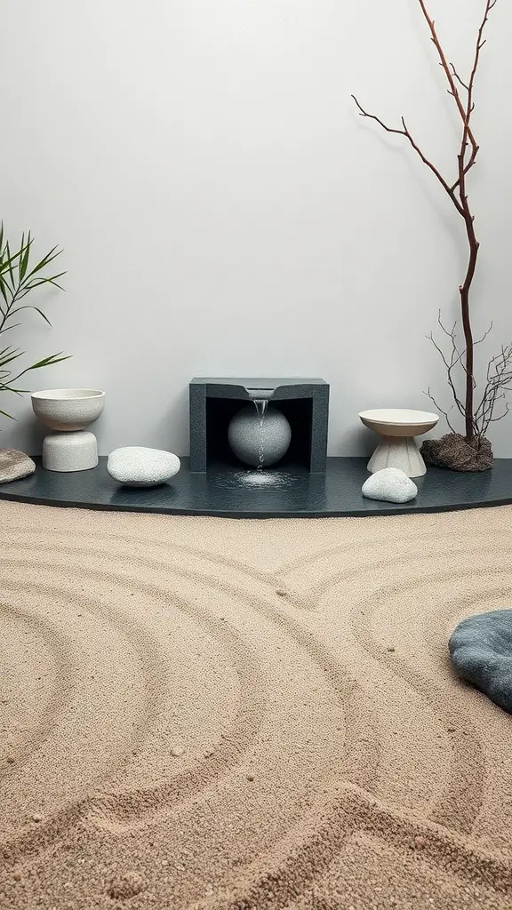 A serene Zen garden featuring sand, stones, and a small water feature.