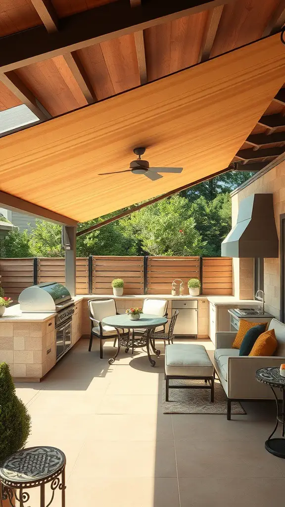 35 Creative Backyard Kitchen Ideas for Outdoor Cooking Enthusiasts 10 A backyard kitchen featuring a retractable awning providing shade over a dining area.