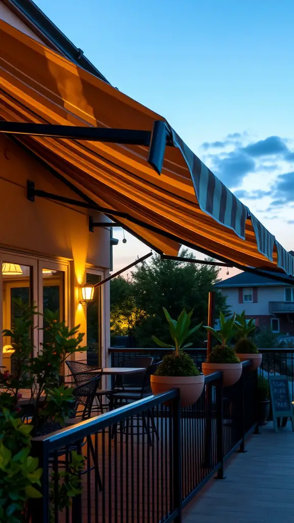 A beautiful balcony featuring a retractable awning with integrated lighting, surrounded by plants and a cozy seating area.