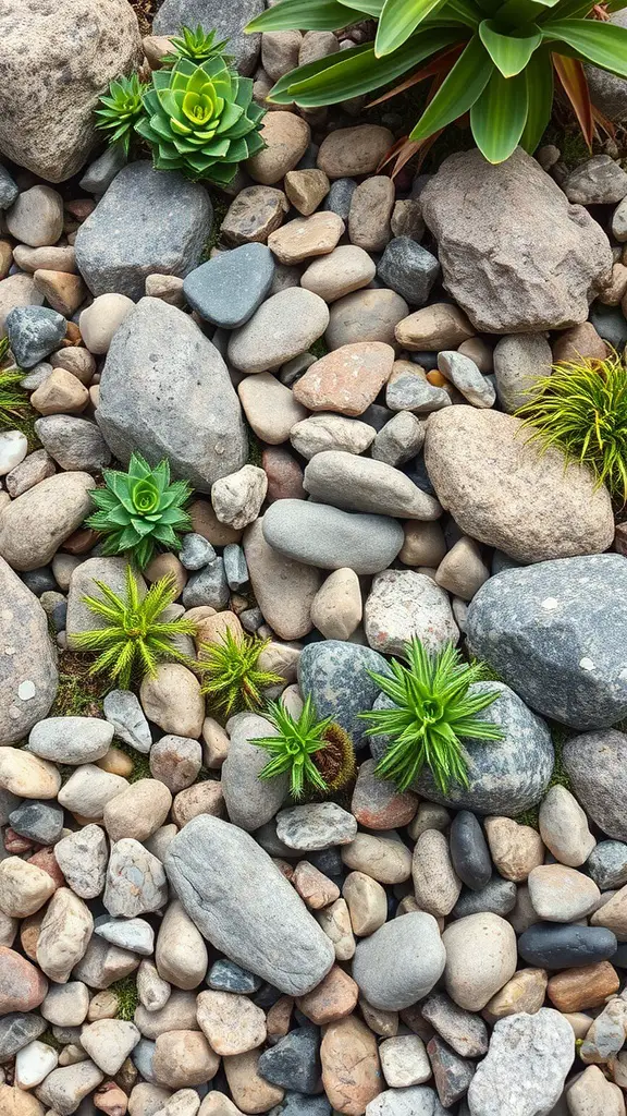 A rock garden featuring various stones and green succulents