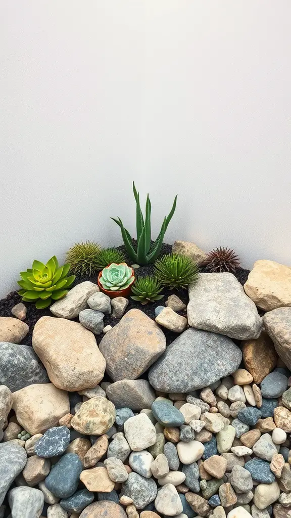 27 Creative Corner Landscaping Ideas for Your Garden 10 A rock garden featuring various succulents among different sized stones.