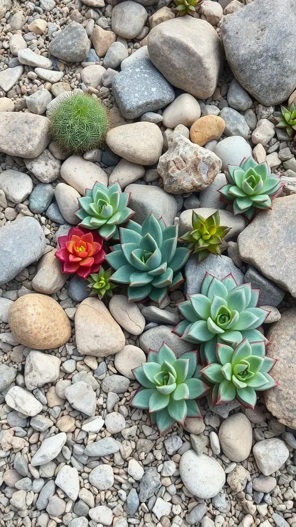 A rock garden featuring various succulents among smooth stones and pebbles.