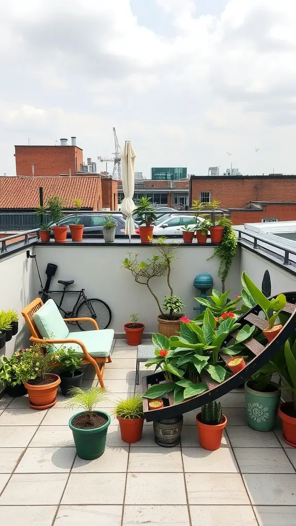 25 Creative Small Patio Ideas for Your Outdoor Space 9 A cozy rooftop garden with potted plants, a comfortable chair, and a bicycle.
