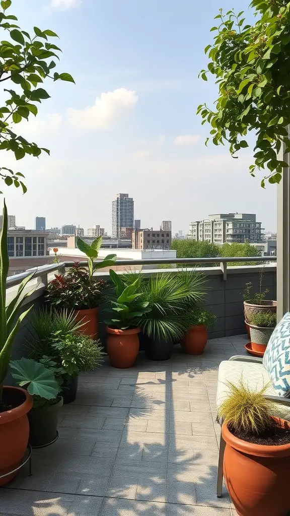 25 Stunning Outdoor Terrace Ideas to Transform Your Space 4 A rooftop garden with various potted plants and a view of a city skyline.