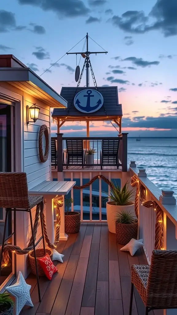 A beautifully lit balcony with rope lights and nautical decor.