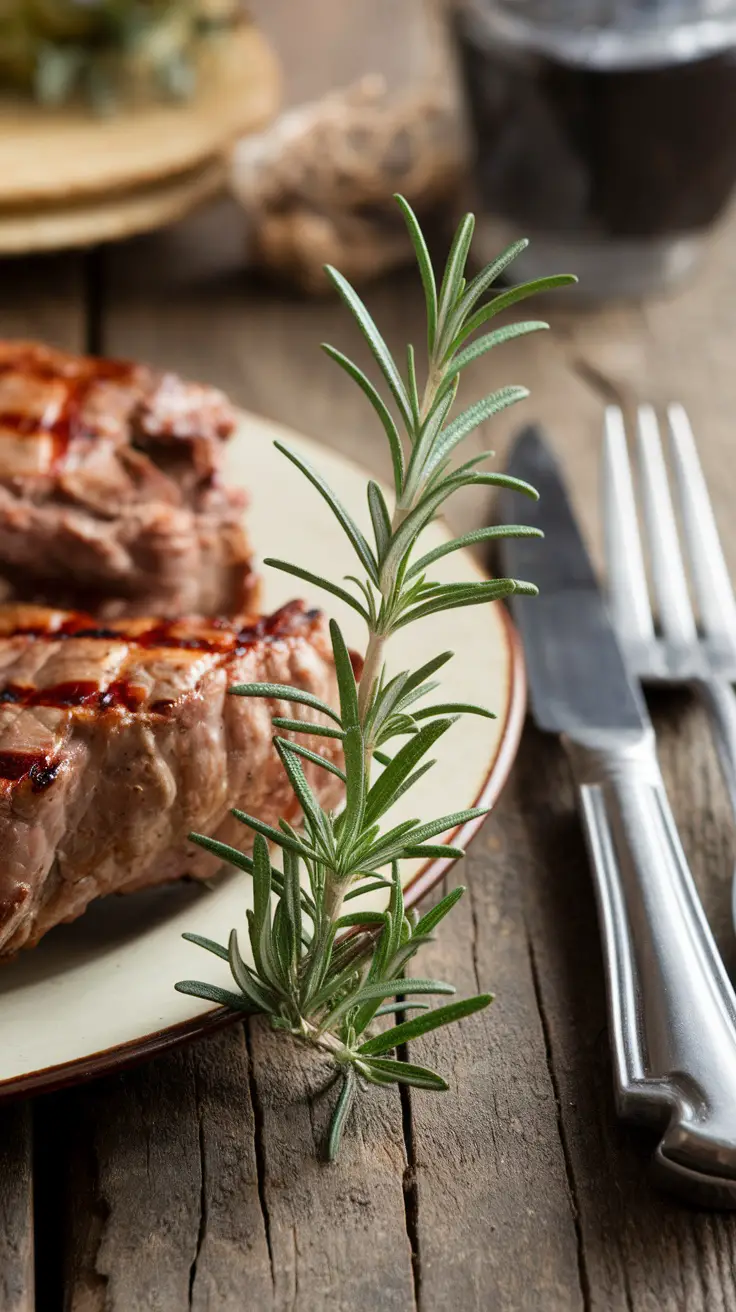15 Effective Plants That Naturally Repel Mosquitoes 7 A fresh sprig of rosemary next to grilled meat on a plate, showcasing its culinary use and mosquito-repelling properties.