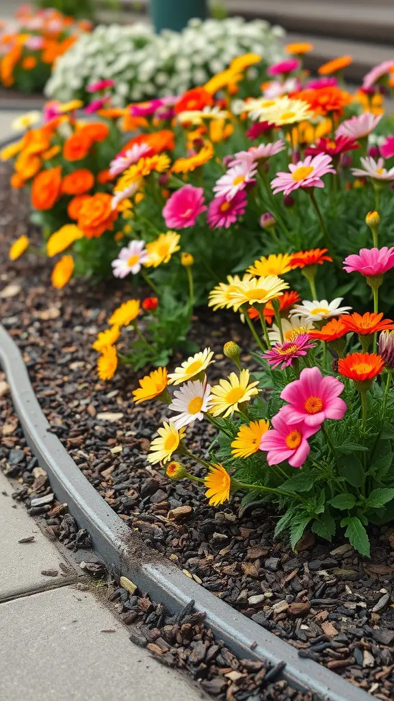 Colorful flowerbed with rubber mulch edging