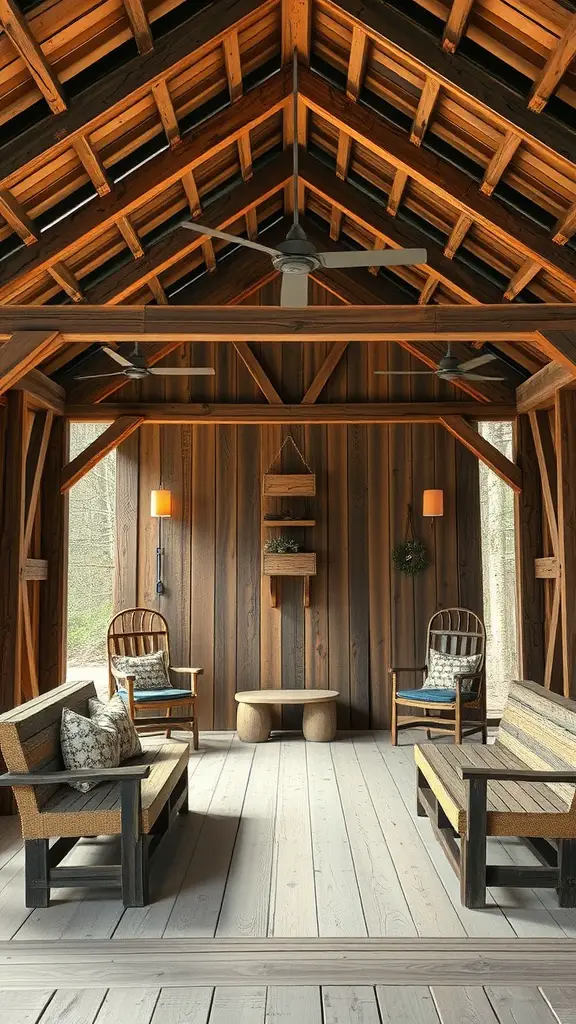 A rustic barn-style pavilion featuring wooden beams, cozy seating, and a natural ambiance.