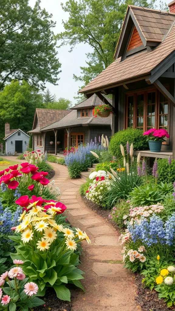 23 Stunning Perennial Garden Ideas to Transform Your Outdoor Space 6 A picturesque rustic cottage garden featuring a winding stone pathway surrounded by colorful flowers.