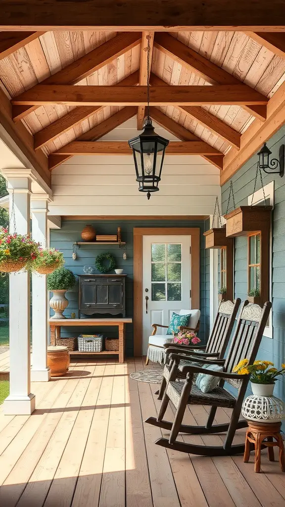 21 Creative Outdoor Front Porch Ideas for a Cozy Welcome 6 A rustic farmhouse porch featuring wooden beams, rocking chairs, and potted plants.