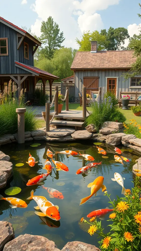 A rustic farmhouse koi pond surrounded by flowers and a wooden house.