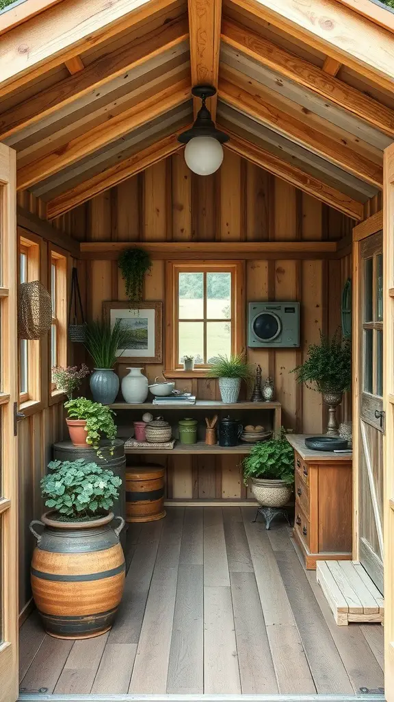 27 Stunning Garden Shed Interiors to Inspire Your Outdoor Space 23 Interior of a rustic garden shed featuring wooden walls, plants, and farmhouse-style decor.
