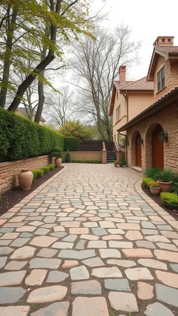 A rustic driveway made of flagstone with surrounding greenery and a home.