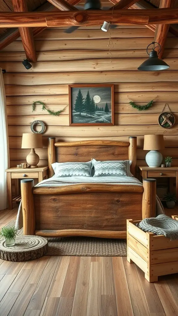 A cozy forestcore bedroom featuring rustic wooden furniture.