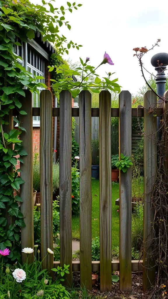 27 Absolutely Stunning Secret Garden Ideas to Inspire Your Space 11 A rustic fence made of wooden slats surrounded by lush plants and flowers
