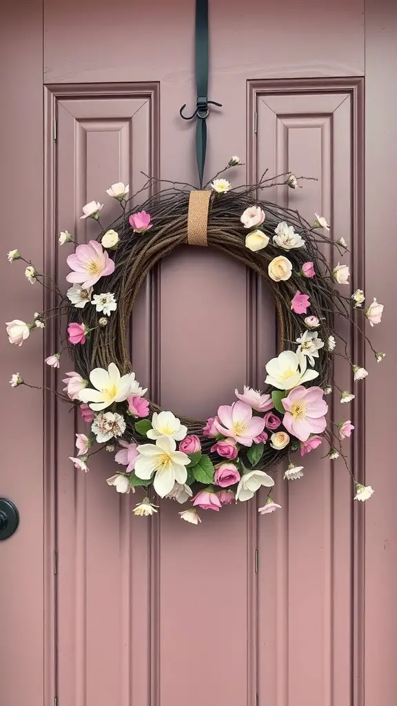 A rustic grapevine wreath adorned with pink, white, and yellow flowers hanging on a pink door.