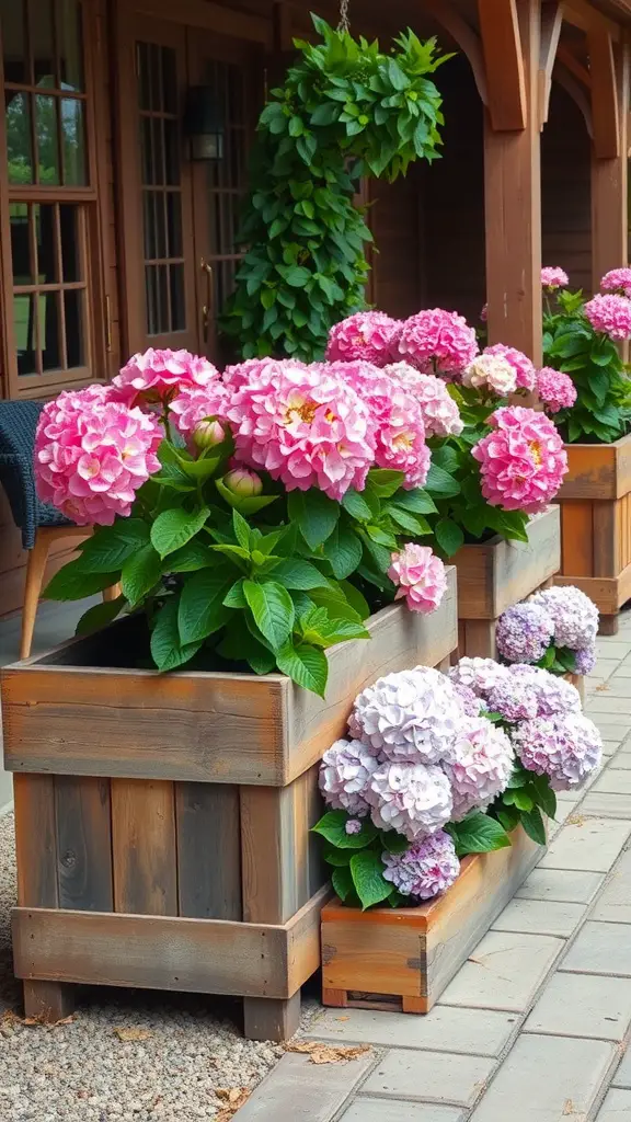 Wooden planters filled with pink and lavender hydrangeas on a patio