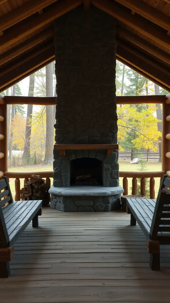 A rustic log cabin pavilion featuring a stone fireplace, wooden benches, and large windows showcasing autumn trees outside.