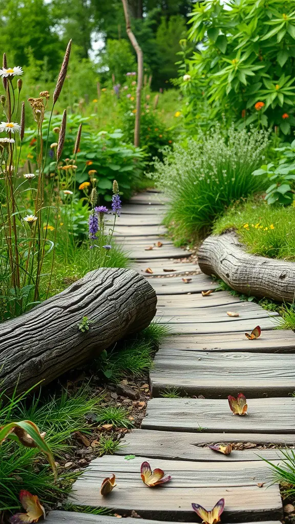 31 Creative Garden Walkway Ideas for Your Outdoor Space 8 A rustic wooden path framed by logs, surrounded by vibrant flowers and greenery.