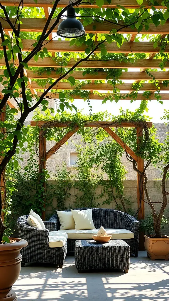 Cozy rustic pergola with comfy seating and lush greenery