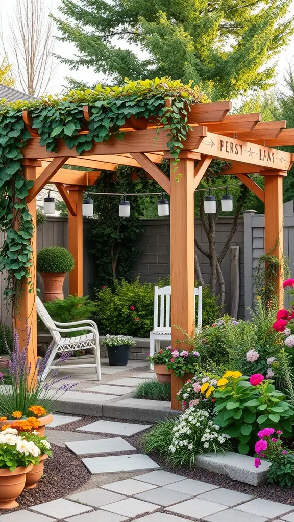 A rustic wooden pergola surrounded by vibrant flowers and greenery.