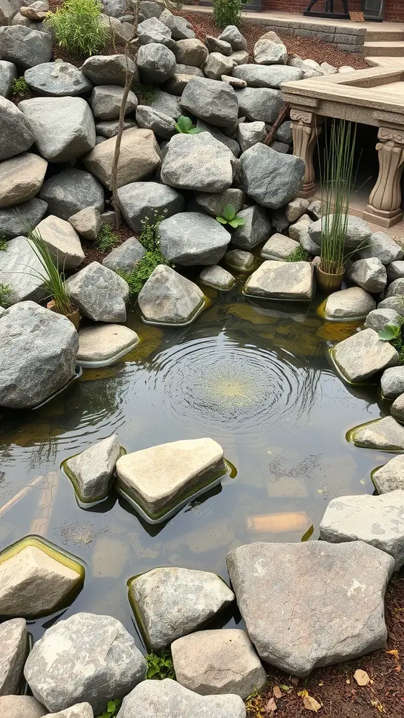 A rustic rock garden pond surrounded by large stones and aquatic plants.