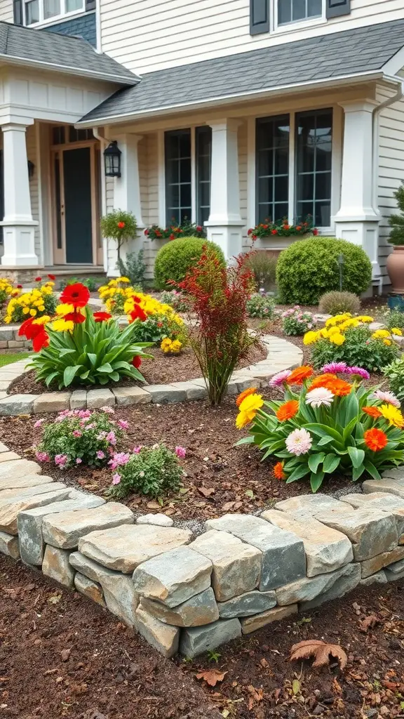 27 Stunning Front Garden Ideas to Transform Your Curb Appeal 18 A front garden with rustic stone borders and colorful flowers, featuring a charming and inviting design.