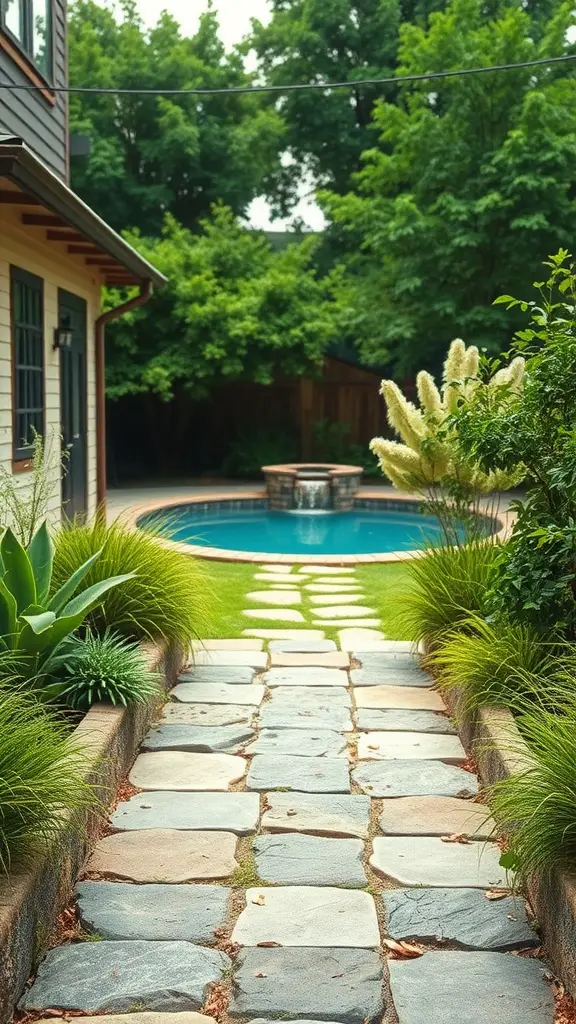 33 Creative Backyard Pool and Patio Ideas for Your Dream Outdoor Space 12 A rustic stone pathway leading to a swimming pool, surrounded by lush greenery and ornamental plants.