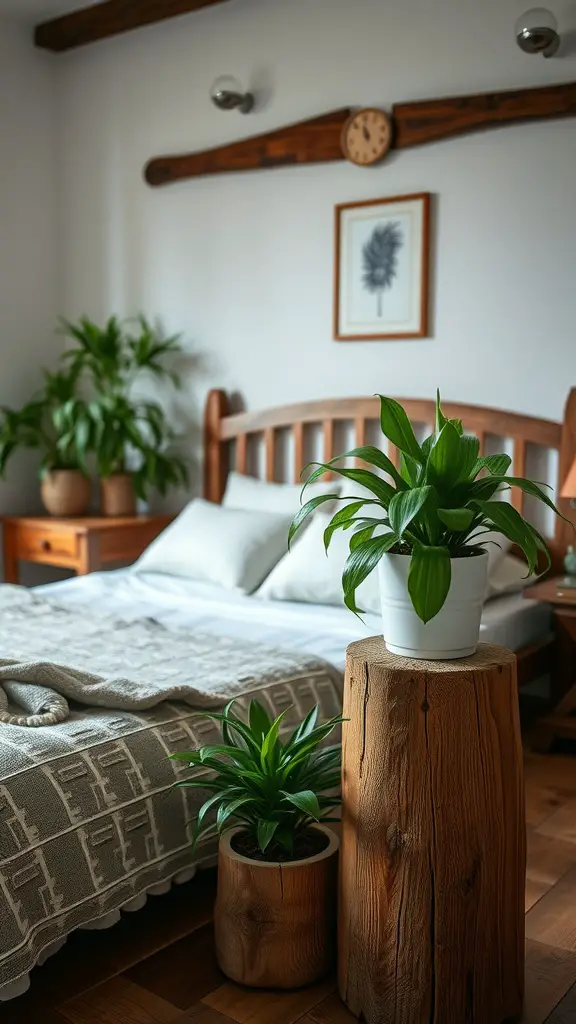 A rustic bedroom featuring wooden plant stands with various plants, a cozy bed, and warm decor.