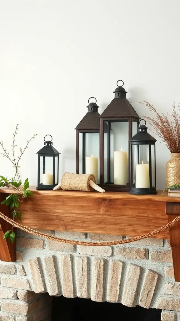 Rustic wood mantel decorated with lanterns and natural elements