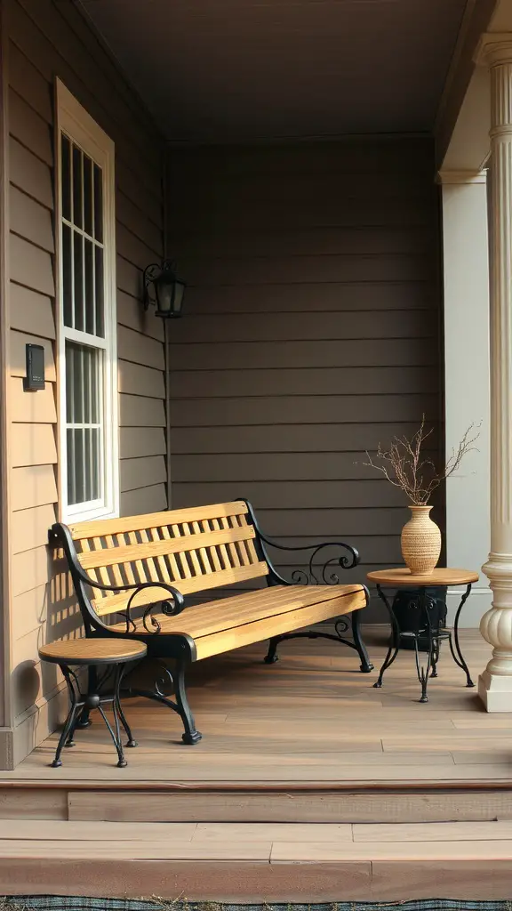 A rustic front porch featuring a wooden bench with metal accents, a round table, and a decorative vase.