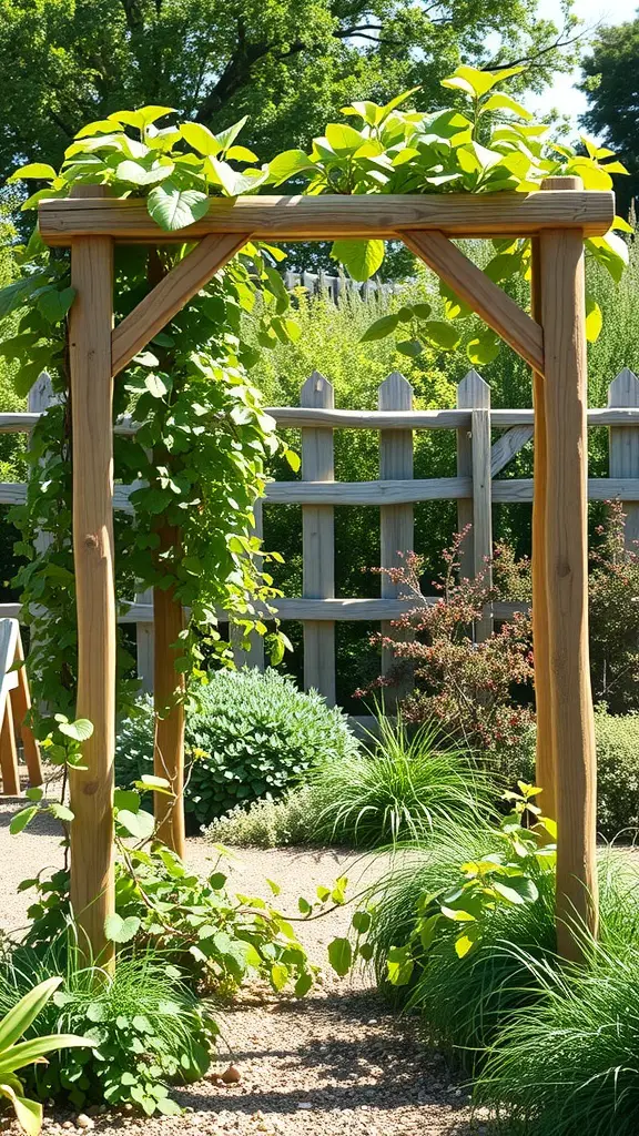 27 Creative DIY Garden Trellis Ideas for Your Outdoor Space 6 Rustic wooden A-frame trellis covered with green climbing plants in a garden