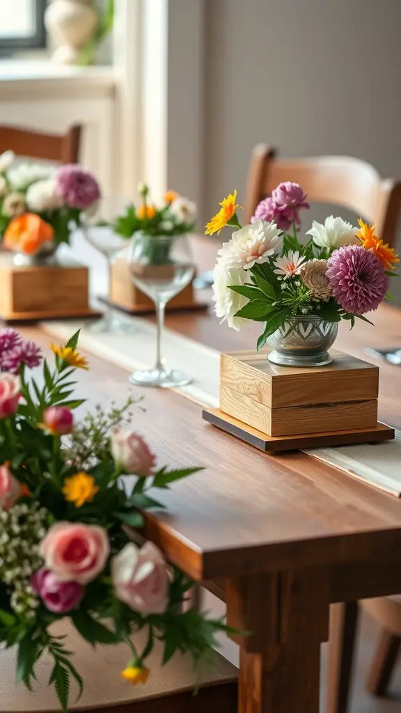 A spring table decor featuring rustic wooden boxes with colorful flowers, set on a wooden table.