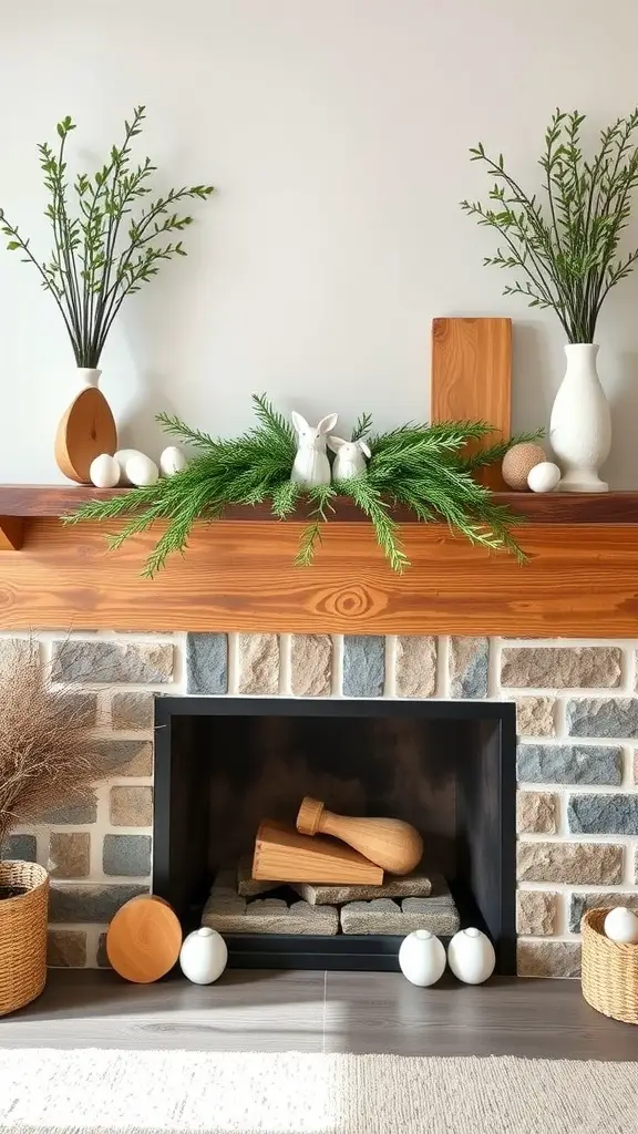 Rustic mantel with wooden accents and greenery for Easter decor.