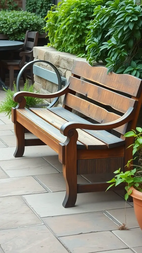 A rustic wooden bench positioned on a patio surrounded by greenery.