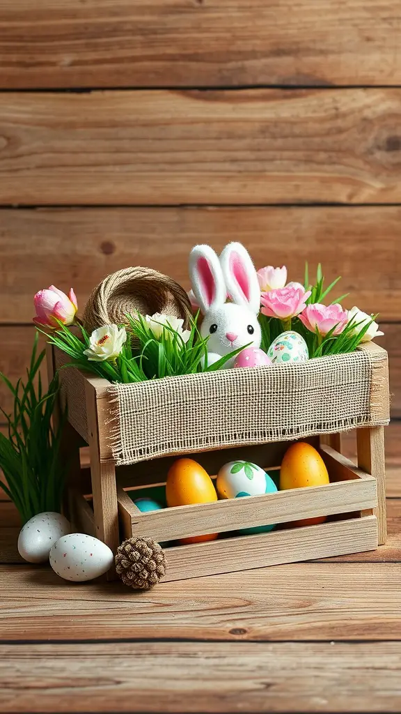 A rustic wooden crate basket filled with Easter decorations including flowers, eggs, and a bunny.