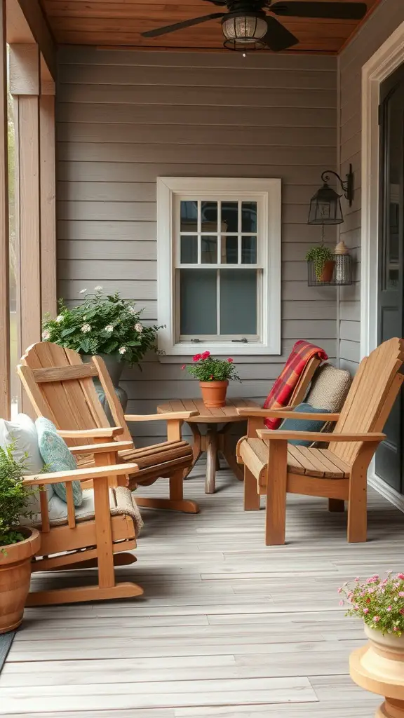 Cozy front porch featuring rustic wooden furniture, including two chairs, a small table, and potted plants.