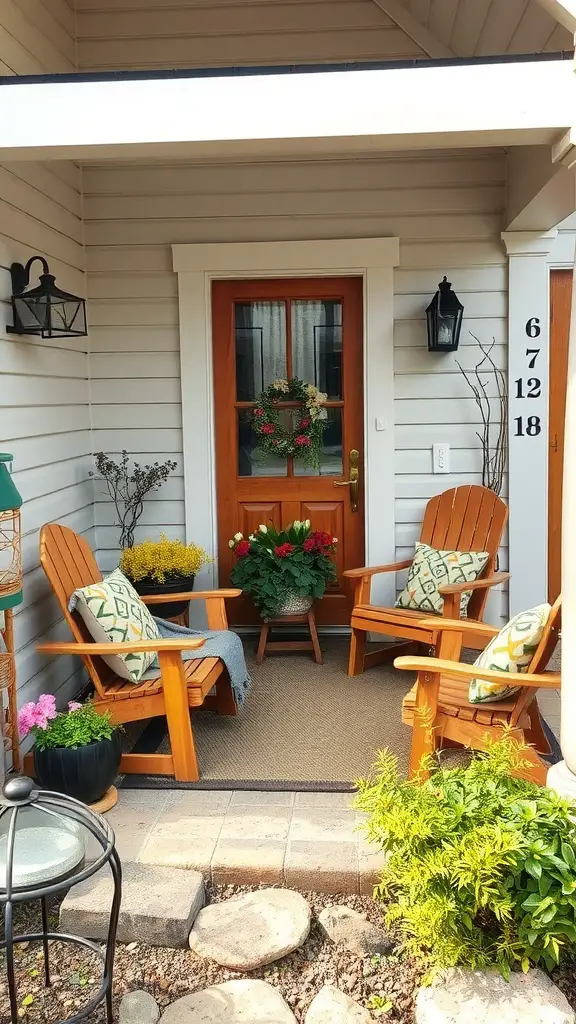 A cozy front patio featuring rustic wooden chairs, colorful pillows, and vibrant plants.