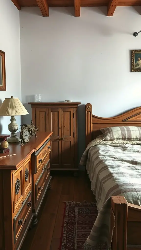 Rustic wooden furniture in a vintage bedroom setting